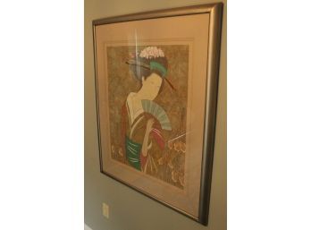 Vintage Chinese Geisha Girl With Fan Beautiful Framed And Matted  - W176