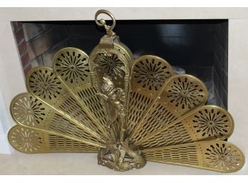 Vintage Brass Fireplace Screen Folding Fan Ornate Cherub Detail  &  Fireplace Tools - G164