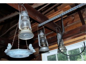 Lot Of 3 Lanterns Vintage  & Cherub Bird Bath- G200