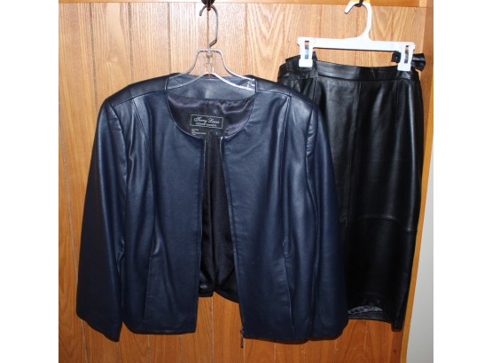 Black Leather Outfit - Jacket And Skirt Soft Genuine Leather  (w188)