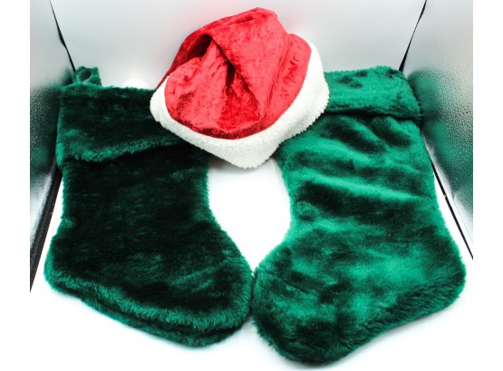 2 Green Christmas Stockings & Santa Hat (202)
