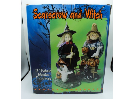 Spooky Fabric Mache Scarecrow And Witch Figurines 13 Inches Tall Halloween  (w144)