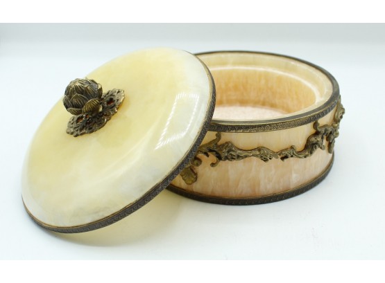 Vintage Peach Colored Alabaster Marble Trinket Box Or Cosmetics Jar W/Brass Trim (54)