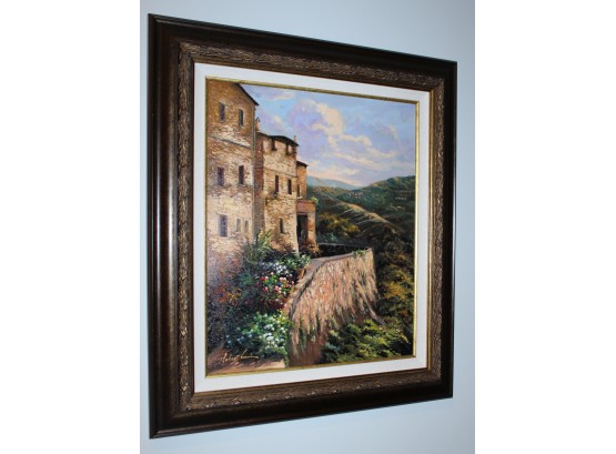 Beautiful Framed Oil On Canvas Coastal Stone House Mountain Side Painting  Signed (Y203)