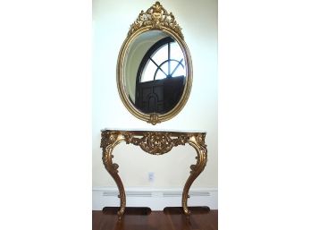 Elegant Gold Gilt Marble Top Entry Way Table With Matching Mirror (143)