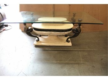 Glass Top Table (Rectangular) With 4 Statue Legs Mounted To Stand