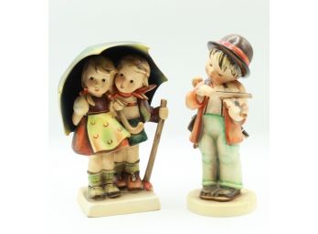 2 Vintage Hummel Figurines 'stormy Weather'  'Boy With Violin And Umbrella' (0226)