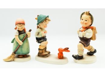 3 Vintage Hummel Figurines 'Girl Sweeping ' 'Boy W/ Backpack' 'Sensitive Hunter' (0203)