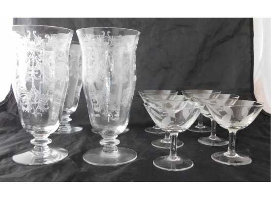 Etched Glass Drinking Glasses, 4 Etched Glass Cordial Glasses 6 (4218)