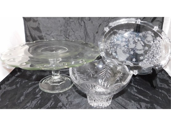 Assorted Cut Glass 1 Cake Platter, 1 Candy Dish, 1 Holiday Plate (4189)