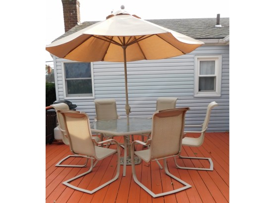 Tan Outdoor Furniture Set Table 6 Chairs & Umbrella (4272)