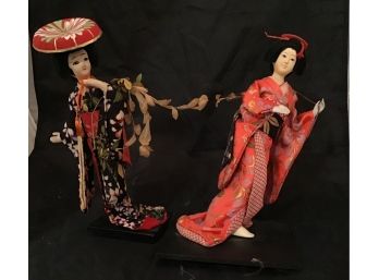 Pair Of Asian Fabric Dolls On Stands 9' (4627)