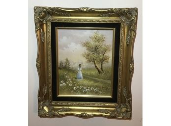 Stunning Gold Gilt Ornate Framed Oil On Canvas  Lady Watching Signed - 1438