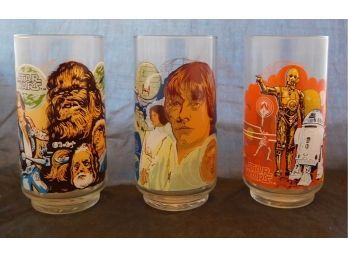 Star Wars Chewbacca, Luke Skywalker, & R232 C3PO 1977 Burger King Glasses Set Of 3 (w3209)