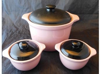 50's Mid-Century Pink Black 'Oven Bake', Bowls With Lids (w3232)