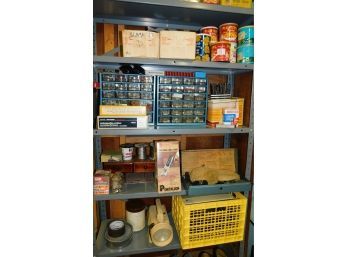 Assorted Tools, Nuts & Bolts,  &Misc Work Shop Items & Metal Shelving Unit (W203)