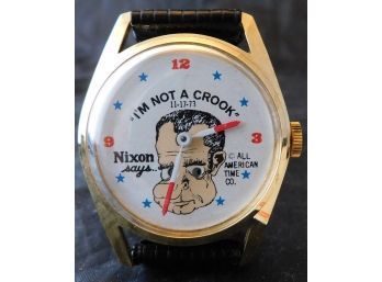 OLD RARE VINTAGE POLITICAL WATCH NIXON SAYS 'IM NOT A CROOK', ALL AMERICAN TIME CO(w3253)
