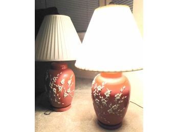 Pair Of Floral Painted Orange Table Lamps 28' (w3202)
