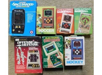 1980s Handheld Video Games Hockey, Basketball, Quarterback, Soccer, Space Invader, Basketball (R182)