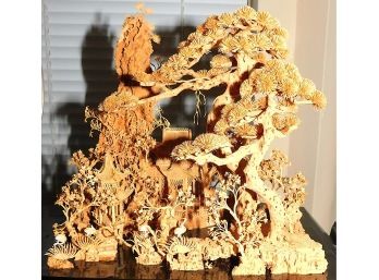 Stunning Mid-Century Asian  Hand Carved Cork Landscape With Glass Case (w3198)