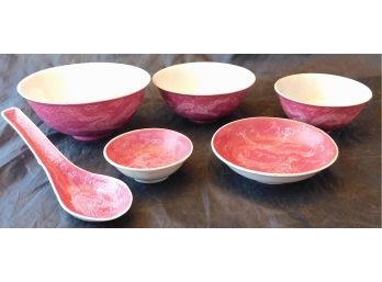 Chinese Porcelain Pink Hand Carved Dinner Set Stamped, Service For Six, 56 Pieces Total (w3226)