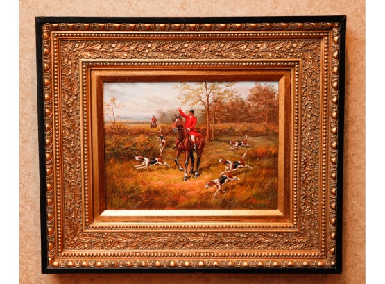 Striking Vibrant W. Thomas Hunting Scene Horse & Hounds Oil Painting, 21st Century (2834)