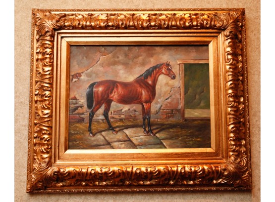 Stunning Equestrian 25 X 21 Horse Painting With Ornate Gold Carved Wood Gilt Frame  (2833)