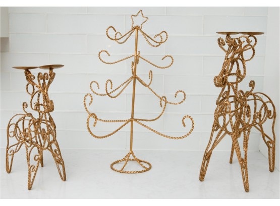 2 Twisted Metal Reindeer Scroll Statue Candle Holders  1 Christmas Tree (2770)