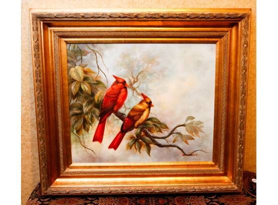 Signed Stunning Cardinals On Branch  In A Gold Gilt Frame Verno Collections  - Style 6481-G3F (2762)