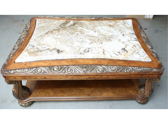 Stylish Large Heavy Solid Wood Carved Design Accent Table With Lovely Marble Top