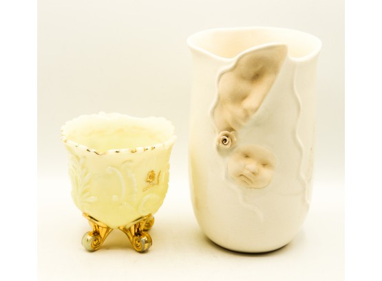 1 Stunning Vintage Mother And Child Vase - 1 Antique Custard Glass 'louis XV' Gold Trim Footed Spooner (2889)