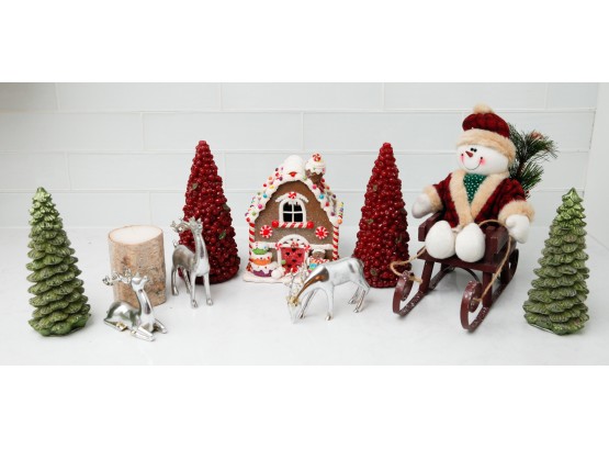 Lot Of Christmas Decorations - 3 Metallic Deer, Christmas Tree Candles And A Snowman Sitting On A Sled  (2769)