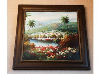 Decorative Framed Canvas 47 X 46 Large Framed Painting Of  Tropical Marina (2949)