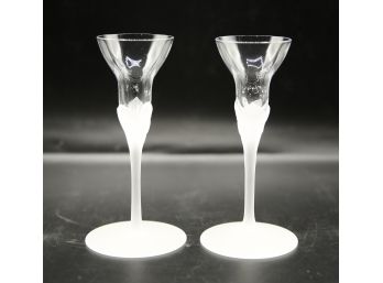 2 Clear Frosted Glass Candlesticks (2867)
