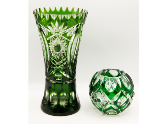 Hand Cut Vase Cased In Dark Green Overlay Cut To Clear Glass  Candle Holder S (0115)