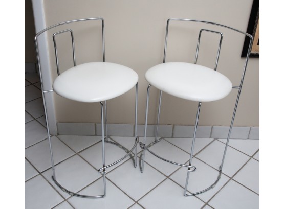 Stylish Simon Pristine White And Chrome CounterBar Stools - Pull Up Counter Top Stools ~ Pair