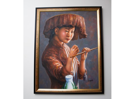 RARE Tom Wong Koran Girl Signed Original Oil On Canvas  - 27x21 (2969)