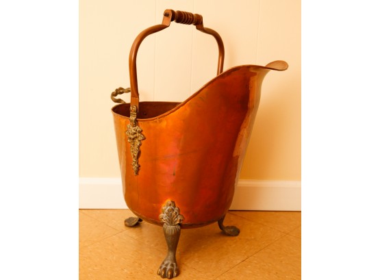 Vintage Copper& Brass Coal Scuttle Large Bucket - Wood Handle - Claw Foot ~ Brass Details (0030)