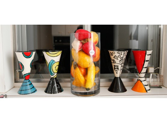 4 Retro Cups  Glass Vase Filled With Faux Fruit 2963)