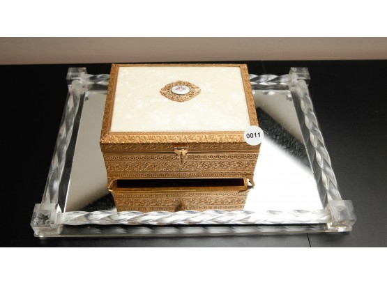 Vintage Mother Of Pearl Style Gold Filligre Music Box With Mirrored Vanity Tray  (0011)
