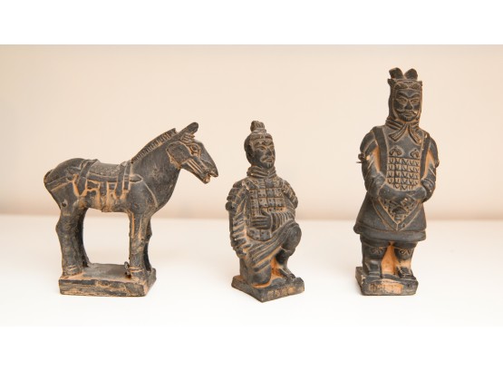 Lot Of 3 Vintage Terracotta Clay Figurines - 2 Chinese Soldiers  Horse  (0217)