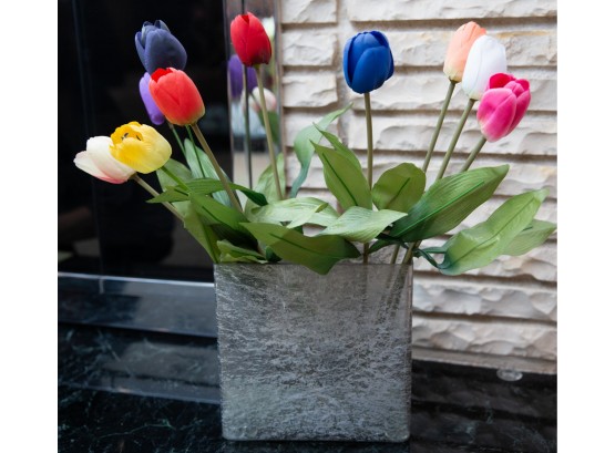 Striking Colorful Faux Colorful Tulip Flowers In Glass Frosted Vase - Home Decor (2986)