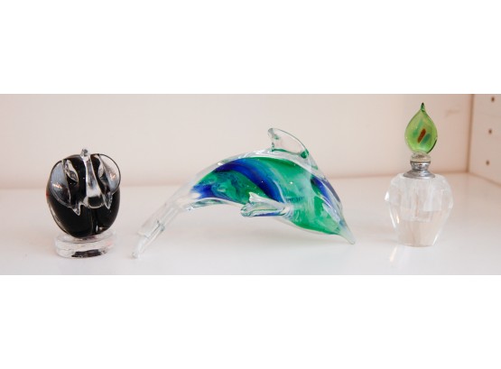 Decorative Lot Of Striking Blown Glass Figurines - Elephant, Dolphin, Perfume Bottle (0227)