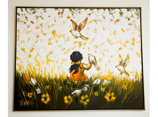 MCM Large Oil Painting Signed  - 'Girl With Doves'  49 X 81 (0002)