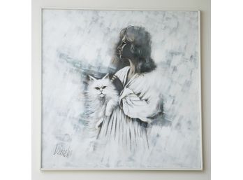 Vintage Stunning Woman Holding Cat - Signed By Danielle 43 X 43 Canvas (0016)