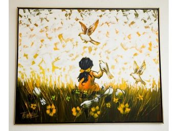 MCM Large Oil Painting Signed  - 'Girl With Doves'  49 X 81 (0002)