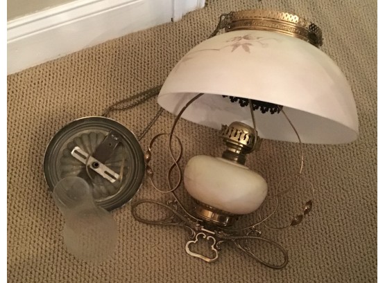 Vintage Lovely Ceiling Hanging Hurricane Lamp White Glass Shade Brass Accents  (g226)
