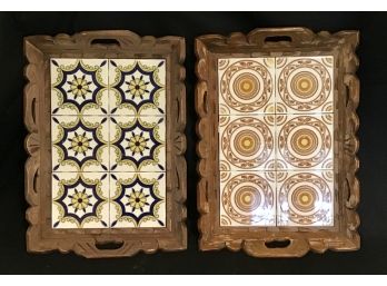 Ceramic Tile & Wood Serving Trays Set Of 2 (G078)