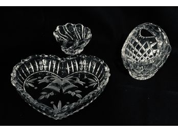 Assorted Cut Glass Heart Shaped Candy Dish, Bowl, And Small Basket (g063)