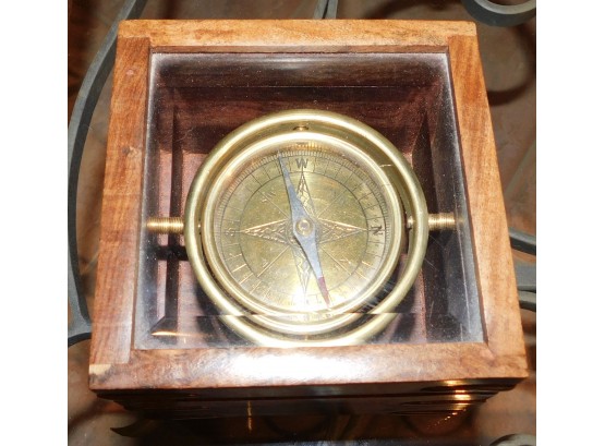 Vintage Nautical Compass With Wood Display Case